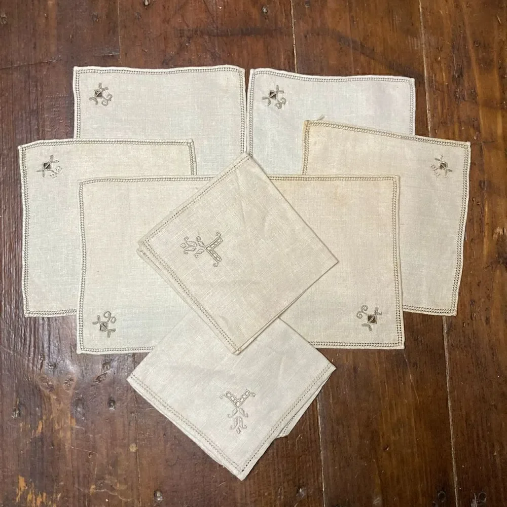Vintage Handmade Napkin & Coaster Set, Eyelet Detail with Accented Stitching